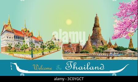 Voyagez architecture populaire de point de repère Thaïlande, Tour célèbre monument de monuments, illustration de peinture dessinée à la main à l'aquarelle sur fond de soleil, main-dra Illustration de Vecteur