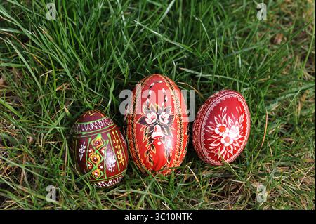 Œufs de Pâques traditionnels teints et peints à la main sur l'herbe verte en Pologne appelés pisanka ou kroszonka ou kraszonka, Pologne, Europe Banque D'Images