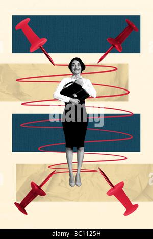 Modèle esquisse de tendance illustration 3D collage photo de l'affiche jeune dame formalwear sourire main tenir valise PIN entreprise de travailleur vacant Banque D'Images