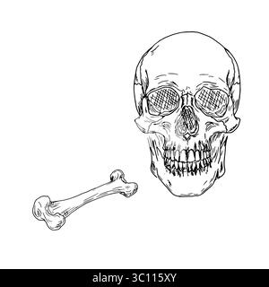 Un crâne et des os d'un homme mort, un ensemble de silhouettes, un croquis en noir et blanc. Illustration vectorielle. Tête de zombie, isolée sur un fond blanc. Pour Illustration de Vecteur