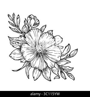 Bouquet de fleurs sauvages avec pétales et bourgeons, croquis noir et blanc. Illustration vectorielle. Coquelicots, brindilles de fleurs et de feuilles, isolés sur blanc Illustration de Vecteur