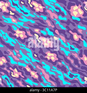 Modèle sans couture d'animal fantastique, motif de camouflage. Rayures vives, points et taches de violet et rose, jaune et bleu néon dans un ordre aléatoire sur Illustration de Vecteur
