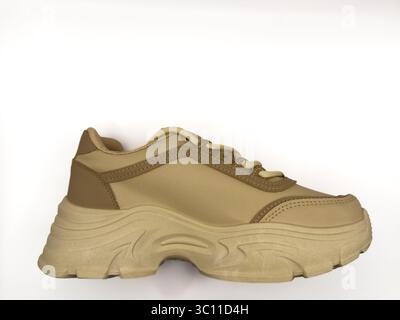 Baskets de sport beige sur fond blanc pour la publicité, pour les bannières, vue latérale, espace de copie. Photo de haute qualité Banque D'Images