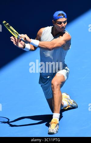 11 janvier 2019 : 2e Seed Rafael Nadal s'entraîne sur la Rod laver Arena avant le tournoi de tennis Open d'Australie 2019 à Melbourne, en Australie. Sydney Low/Cal Sport Media(image de crédit : &copy ; Sydney Low/CSM via ZUMA Wire) Banque D'Images