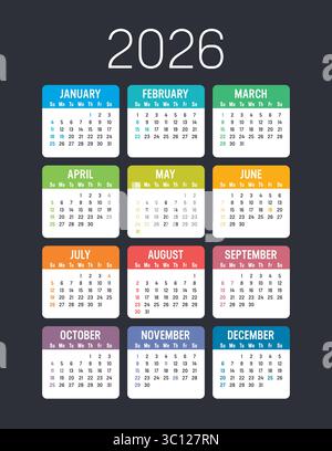 Année 2026 calendrier coloré américain sur fond sombre, les semaines commencent dimanche, vacances USA, modèle vectoriel en anglais Illustration de Vecteur
