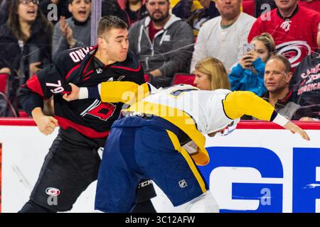Les Hurricanes de Caroline ont quitté l'aile Micheal Ferland (79) et les Predators de Nashville ont quitté l'aile Austin Watson (51) lors du match de la LNH entre les Predators de Nashville et les Hurricanes de Caroline le 13 janvier 2019 au PNC Arena de Raleigh, Caroline du Nord. Jacob Kupferman/CSM(image de crédit : &copy ; Jacob Kupferman/CSM via ZUMA Wire) Banque D'Images