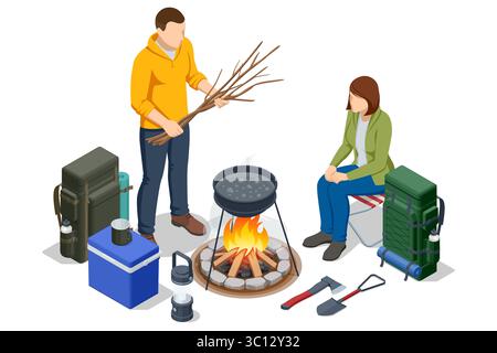 Cuisiner au feu de camp. Une illustration isométrique d'un couple cuisinant sur un feu de camp dans un pot, entouré d'équipement de camping comme une glacière, thermos, et Illustration de Vecteur