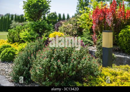Jardin luxuriant rempli de plantes colorées et une lampe moderne brillante sous le ciel bleu clair, mettant en valeur un cadre extérieur accueillant. Banque D'Images