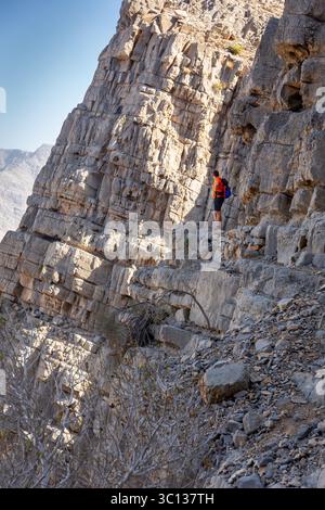 Randonneur masculin avec des bâtons de randonnée grimpant sur les escaliers vers le sentier de montagne du ciel de Wadi Ghalilah au pic de Jebel Jais dans les montagnes de Hajar, Émirats arabes Unis, étroites s. Banque D'Images