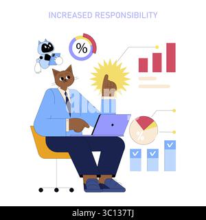 Chat anthropomorphe gérant les données d'entreprise avec l'assistance d'un robot IA, mettant en évidence une productivité accrue dans les lieux de travail modernes. Illustration de Vecteur