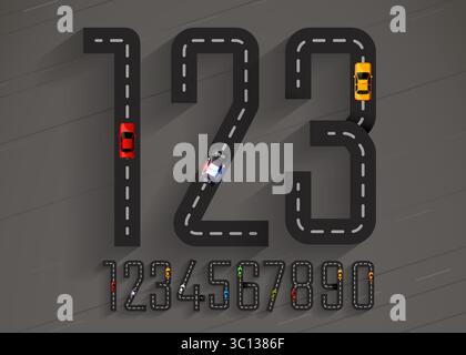 Numéros set 1,2,3,4,5,6,7,8,9,0 route avec des marquages de ligne et des voitures. Illustration vectorielle Illustration de Vecteur