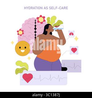 Illustration vectorielle illustrant l'auto-soin par l'hydratation. Une personne boit de l'eau, favorisant le bien-être, avec des icônes et des symboles positifs représentant des avantages pour la santé mentale et physique. Illustration de Vecteur