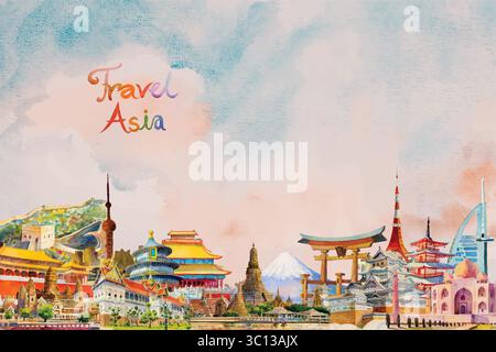 Monument touristique asiatique architecture ancienne et moderne. Monuments célèbres asie du monde. Illustration de peinture dessinée à la main à l'aquarelle Illustration de Vecteur