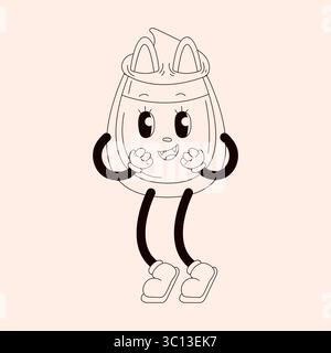 Personnage de chat groovy en forme de tasse de café dans le style artistique en ligne. Style de dessin animé rétro isolé sur un fond clair. Illustration de Vecteur