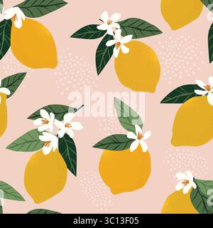 Motif tropical sans couture avec des citrons sur un fond rose. Fond répété de fruit. Impression lumineuse vectorielle pour tissu ou papier peint Illustration de Vecteur
