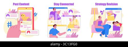 Illustration vectorielle représentant trois scènes d'interaction avec les médias sociaux : publication de contenu, appels vidéo et révision de stratégie. Contient des éléments tels que les smartphones et les icônes de réseaux sociaux. Illustration de Vecteur
