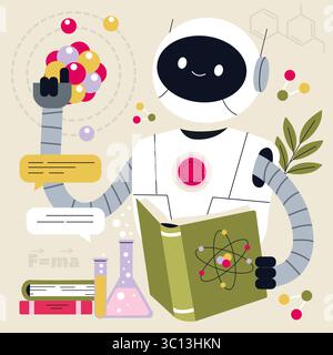 Robot joyeux s'engageant avec des concepts de chimie, tenant un livre et interagissant avec des molécules. L'illustration vectorielle représente l'exploration scientifique et l'enthousiasme d'apprentissage. Illustration de Vecteur