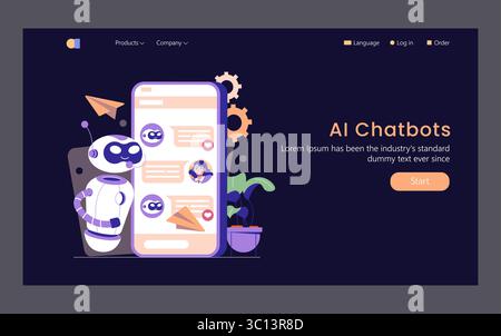 Concept de chatbots AI. L'invention concerne une représentation visuelle d'une interface de chatbot d'IA présentant une communication interactive via un dispositif mobile. Amélioration de l'engagement client et rationalisation de la prestation de services. Illustration vectorielle. Illustration de Vecteur