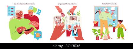 Illustration vectorielle montrant diverses façons d'aider les aînés dans leurs tâches quotidiennes. Les scènes comprennent la définition de rappels de médicaments, l'organisation d'albums photos et l'aide aux courses. Illustration de Vecteur