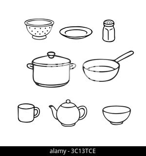 Ustensiles de cuisine ensemble noir et blanc ligne art style FlatOutline Illustration de Vecteur