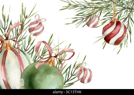 Bannière festive de Noël avec des boules rouges vintage à l'aquarelle, vertes et rayées décorées avec l'illustration de branches d'épinette à feuilles persistantes. Nouvel an et Winte Banque D'Images