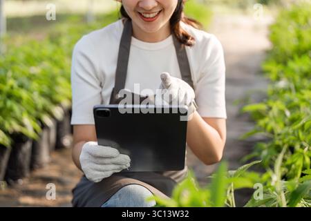 Jeune femme utilisant la technologie moderne en agriculture pour des pratiques agricoles efficaces et une gestion durable des cultures Banque D'Images