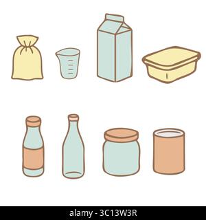 Récipients de cuisine et packs colorés ensemble style FlatOutline Illustration de Vecteur