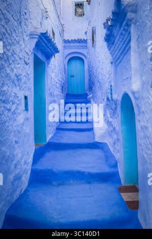 Vue sur une ruelle bleu vif monte en marches, flanquée de murs et de portes assortis, créant une scène immersive monochrome, Chefchaouen, Tanger-Tétouan-Al Hoceima, Maroc. Banque D'Images