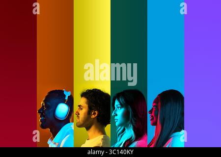 Profils latéraux de diverses personnes dans des bars arc-en-ciel éclairés au néon. Concept de diversité dans le branding technologique, les plateformes de médias créatifs, l’embauche inclusive Banque D'Images