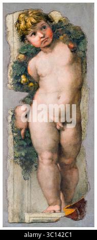 Raffaello Sanzio da Urbino appelé Raphaël, Putto avec guirlande, fragment de peinture de fresque, 1511-1512 Banque D'Images