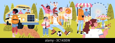 Illustration vectorielle d'enfants participant à diverses activités amusantes lors d'un événement scolaire. Les enfants dessinent, jouent au football, montent dans un autobus scolaire, mangent de la crème glacée et dansent joyeusement à l'extérieur. Illustration de Vecteur