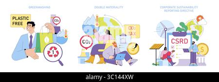 Illustration vectorielle mettant en vedette le greenwash, la double matérialité et le reporting de durabilité d'entreprise. Inclut des éléments tels que des étiquettes sans plastique, l'impact CO2 et des icônes de durabilité. Illustration de Vecteur