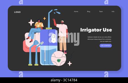 Illustration vectorielle représentant deux personnes interagissant avec un dispositif d'irrigation à grande échelle. La scène capture un moment décontracté et engageant avec l'appareil affiché. Illustration de Vecteur