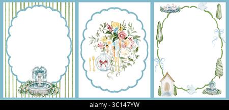 Ensemble de modèles d'aquarelle dessinés à la main pour les invitations et les annonces de mariage. Comprend des cadres vierges avec villa, cygnes, feux d'artifice et landsca mou Banque D'Images