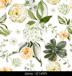 Motif floral vert sans couture avec fleurs jaunes, herbes, feuilles et branches. Conception d'aquarelle dessinée à la main pour le tissu, le papier peint, le textile et l'impression Banque D'Images