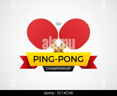 Emblème du championnat de ping-pong avec des pagaies rouges croisées, boule blanche et bannière de ruban coloré sur fond blanc propre Illustration de Vecteur