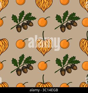 Modèle d'automne vectoriel sans couture avec des illustrations dessinées à la main de physalis, glands sur des branches de chêne et de petites oranges sur un fond beige muet, creat Illustration de Vecteur