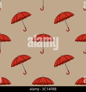 Modèle vectoriel sans couture de parapluies rouges sur un fond beige, un design automnal élégant avec des poignées de parapluie détaillées et un motif répétitif pe Illustration de Vecteur