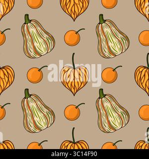 Modèle vectoriel sans couture de la récolte d'automne : citrouilles rayées, physalis en forme de cœur et oranges rondes sur un fond beige discret, idéal pour l'automne Illustration de Vecteur