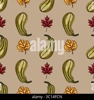Modèle vectoriel sans couture avec des illustrations dessinées à la main de gourdes allongées et de feuilles d'automne dans des tons chauds et terreux, créant un rustique et charmant Illustration de Vecteur