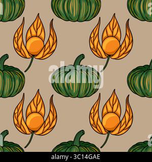 Modèle vectoriel sans couture avec des citrouilles d'automne dessinées à la main et des fruits de physalis dans un design vintage stylisé, avec de riches teintes vertes et orange sur un mu Illustration de Vecteur