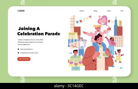 L'illustration vectorielle montre les familles et les enfants profitant d'un défilé de la Journée des enfants. Les enfants souriants avec des ballons et des signes expriment de la joie aux côtés d'adultes heureux, soulignant l'esprit communautaire. Illustration de Vecteur