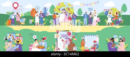 Illustration vectorielle représentant une scène de planification d'événement de mariage dynamique. Les couples et les planificateurs organisent des détails comme des invitations, des menus et des choix de vêtements, mettant en valeur divers éléments culturels. Illustration de Vecteur