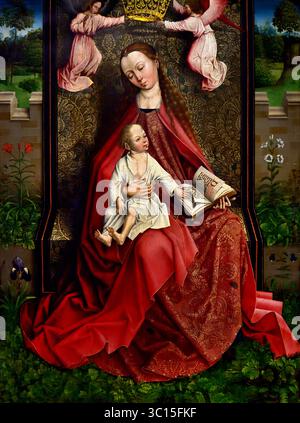 Madone couronnée par les Anges 1476 - 1482 XVe siècle par Maître de feuillage brodé Groeningemuseum, musée municipal, Bruges, Belgique, flamand, ( cette Madone est une fusion d'éléments de deux compositions de Rogier van der Weyden. L'enfant Jésus est copié exactement de la Madone de Van der Weyden sans variation.) Banque D'Images