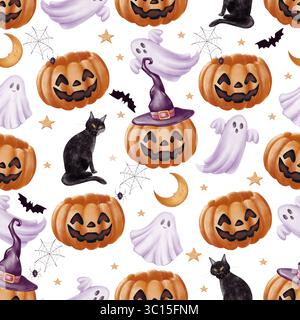 Modèle d'Halloween sans couture avec citrouilles, fantômes, chats noirs, chauves-souris, étoiles, lunes en croissant, et toiles d'araignées dans le style mignon de l'aquarelle, Banque D'Images