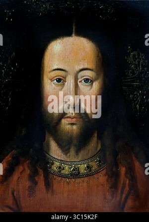 Icône Vera, 1601 - 1625, XVIIe siècle, par, peintre anonyme, copie d'après Jan van Eyck, Groeningemuseum, musée municipal, Bruges, Belgique, Belgique, flamand, ( ce portrait idéalisé correspond bien à la description détaillée du visage du Christ dans la lettre romaine apocryphe de Lentulus du XIVe siècle. Des éléments tels que la séparation des cheveux, les mèches bouclées en bas, et la barbe à deux pointes sont clairement reconnaissables ici .. ) Banque D'Images