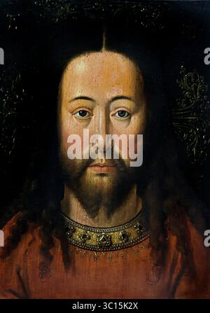 Icône Vera, 1601 - 1625, XVIIe siècle, par, peintre anonyme, copie d'après Jan van Eyck, Groeningemuseum, musée municipal, Bruges, Belgique, Belgique, flamand, ( ce portrait idéalisé correspond bien à la description détaillée du visage du Christ dans la lettre romaine apocryphe de Lentulus du XIVe siècle. Des éléments tels que la séparation des cheveux, les mèches bouclées en bas, et la barbe à deux pointes sont clairement reconnaissables ici .. ) Banque D'Images