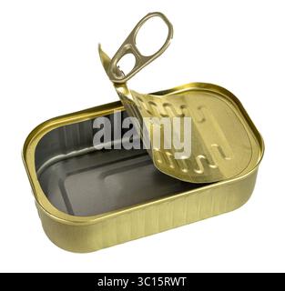 Bidon doré vide avec couvercle ouvert, isolé Banque D'Images