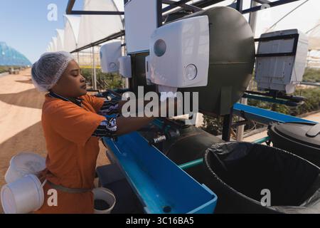 Femme afro-américaine prenant la feuille de distributeur par réservoir de nutriments dans la serre hydroponique, espace de copie Banque D'Images