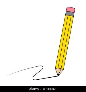 Crayon jaune dessinant une illustration vectorielle de ligne courbe. Illustration vectorielle d'un crayon jaune classique avec une gomme rose et une bande de métal gris. Illustration de Vecteur